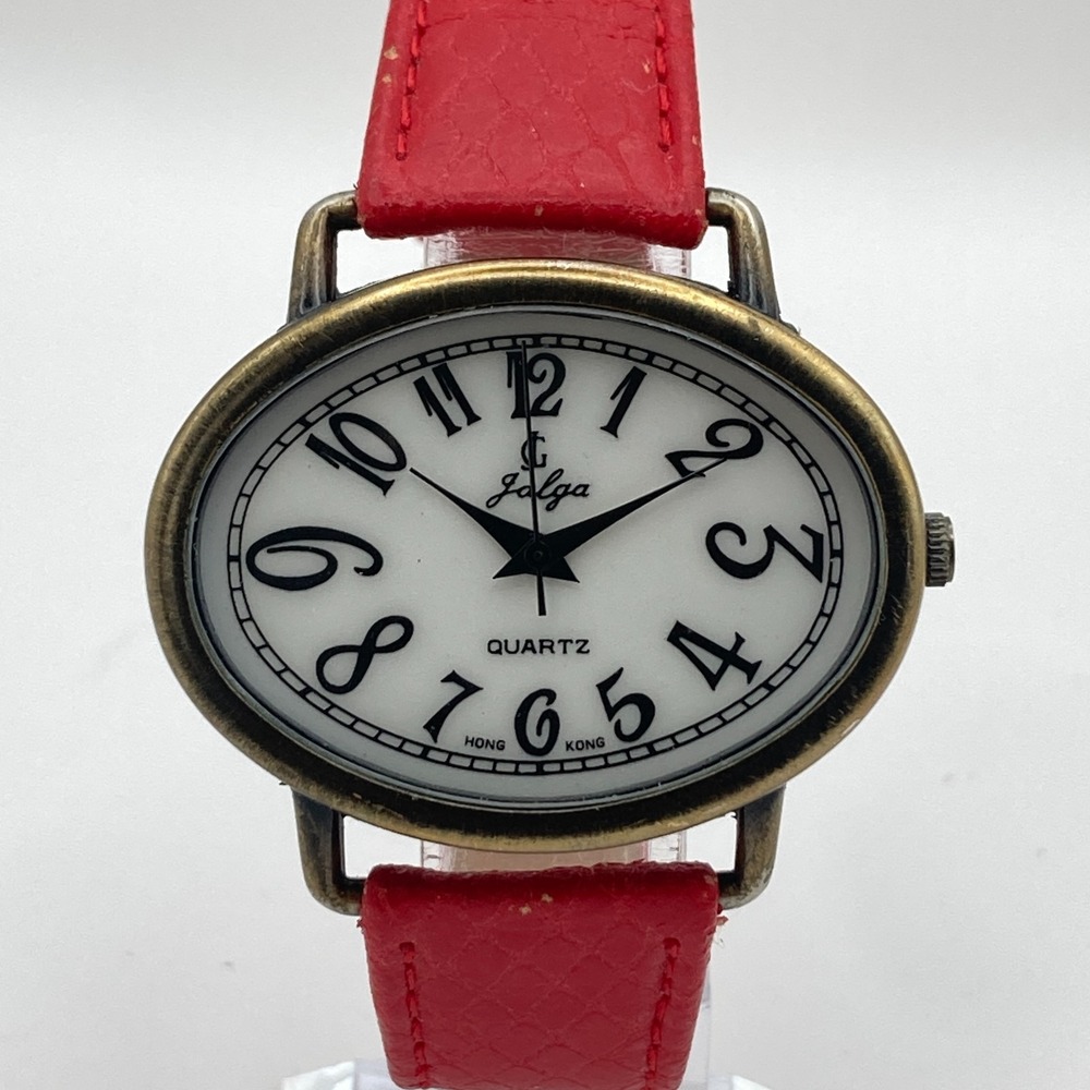 Vintage Jalga Women's Watch 40mm Brass Tone Wide Oval Red Leather New Battery 8"